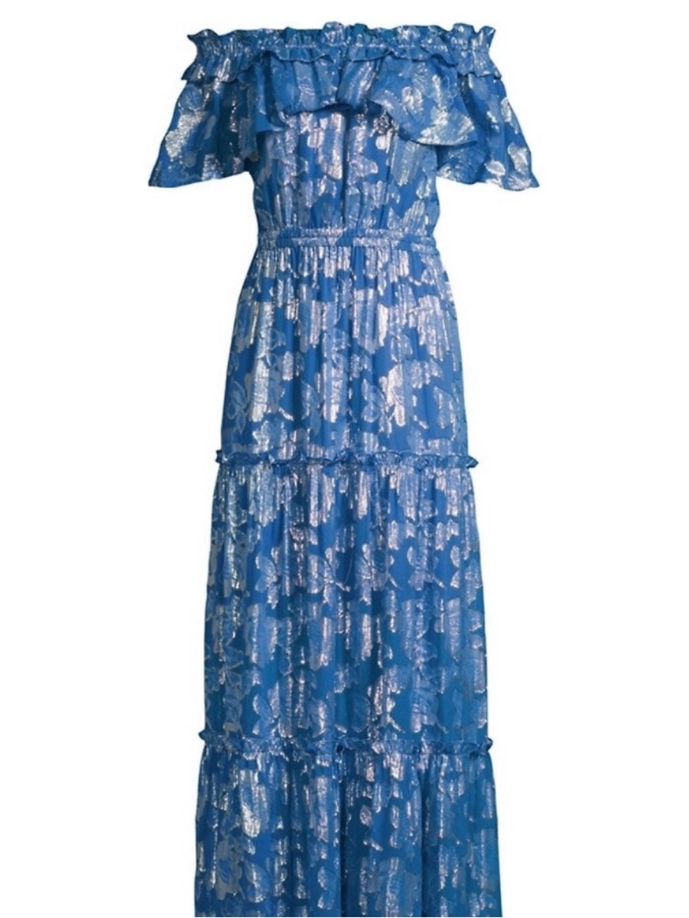 $660 🤩 Shoshanna Mila Silk Off the Shoulder Maxi Dress Palace Blue Size 6/8